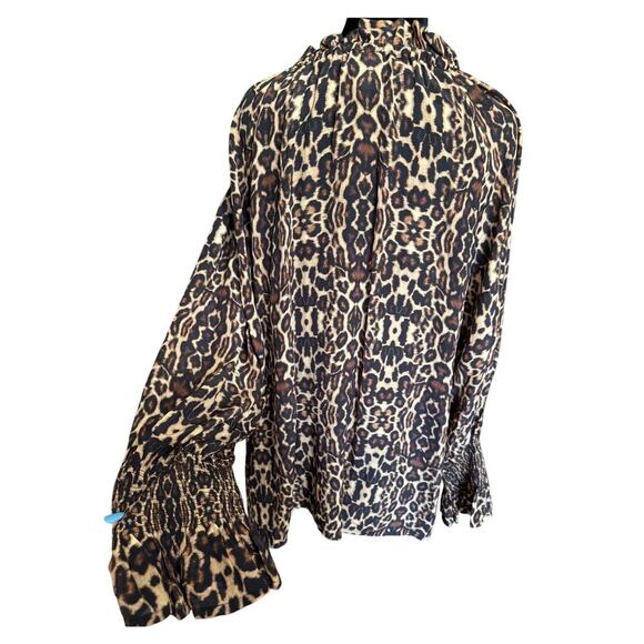 Figue Halima Top Cheetah Print Long Sleeve Smocked Blouse Tassels Silk Size XL - Picture 7 of 13